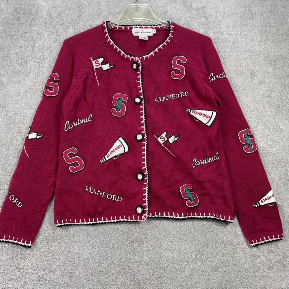 Vintage Stanford University Cardinals Cardigan Sweater Women M Burgundy Patches